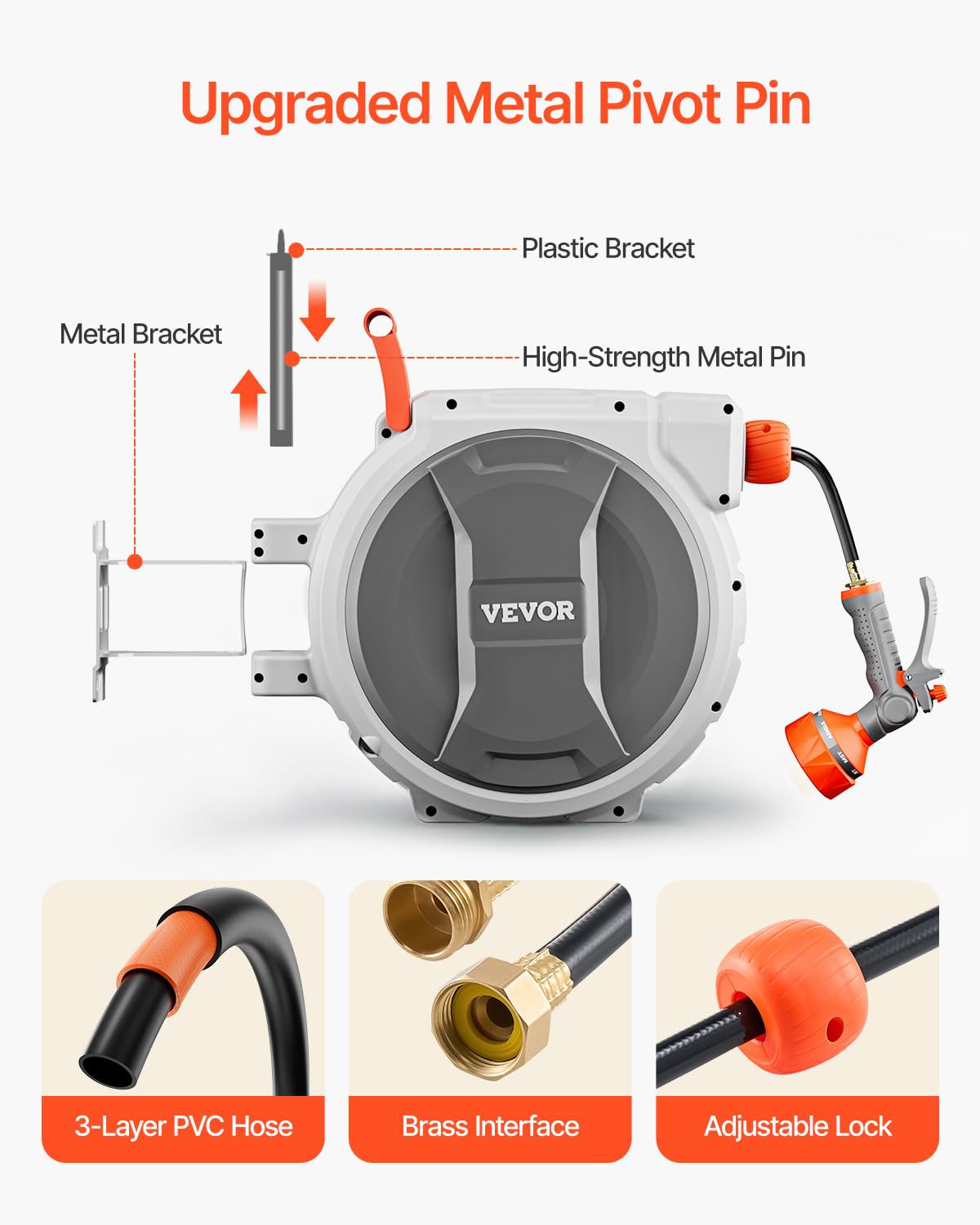 VEVOR Retractable Garden Hose Reel, 5/8 Inch x 100 ft Wall Mounted Hose Reel, Heavy Duty Garden Hose Reel with 9 Patterns Nozzle, Any Length Lock, Upgraded Slow Return System and 180°Swivel Bracket 🍁 All In One Marketplace Canada