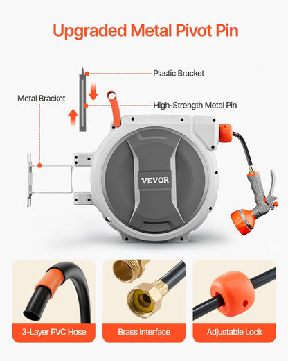 VEVOR Retractable Garden Hose Reel, 5/8 Inch x 100 ft Wall Mounted Hose Reel, Heavy Duty Garden Hose Reel with 9 Patterns Nozzle, Any Length Lock, Upgraded Slow Return System and 180°Swivel Bracket 🍁 All In One Marketplace Canada