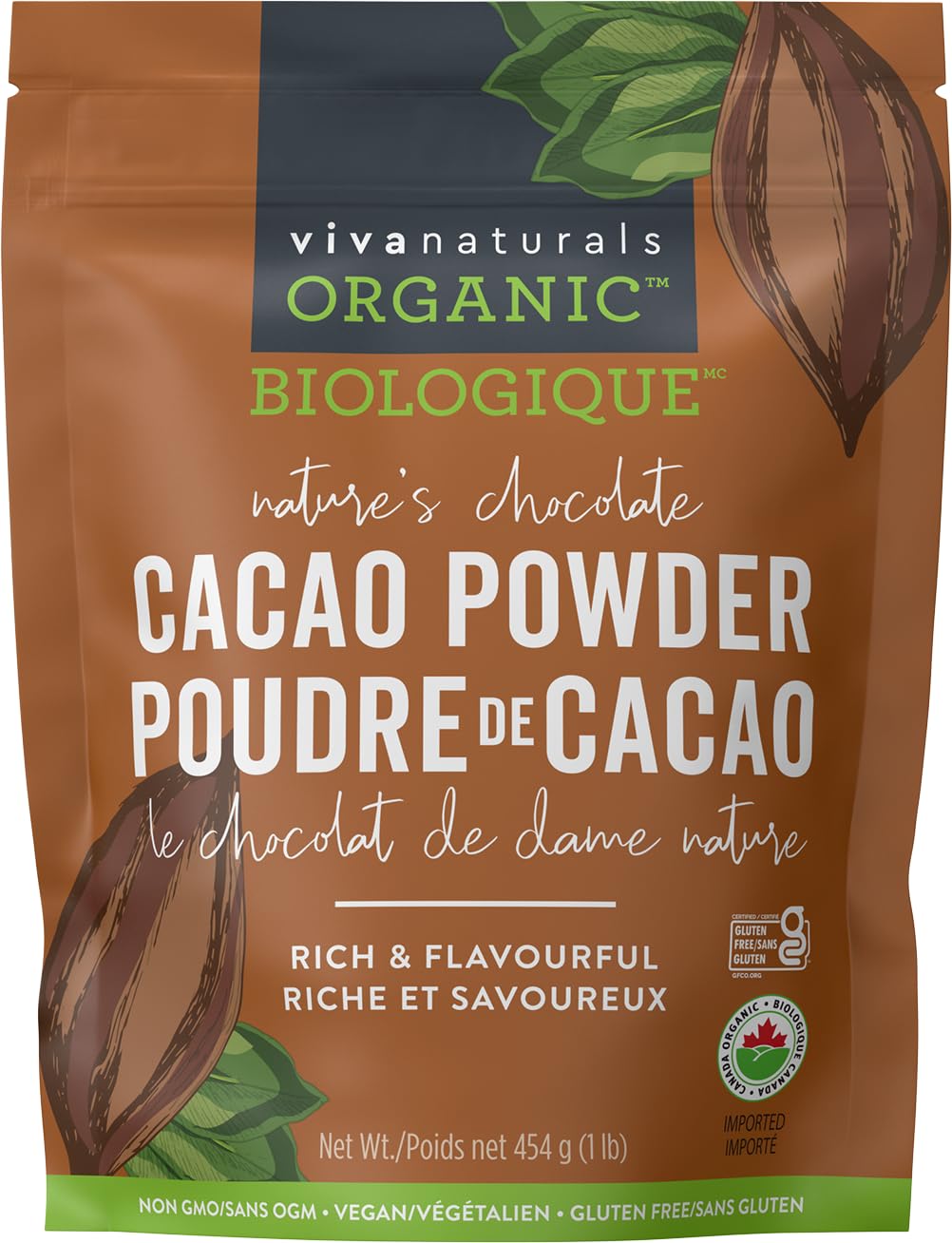 Viva Naturals Organic Non-GMO Cacao Powder, 1 Pound Bag
