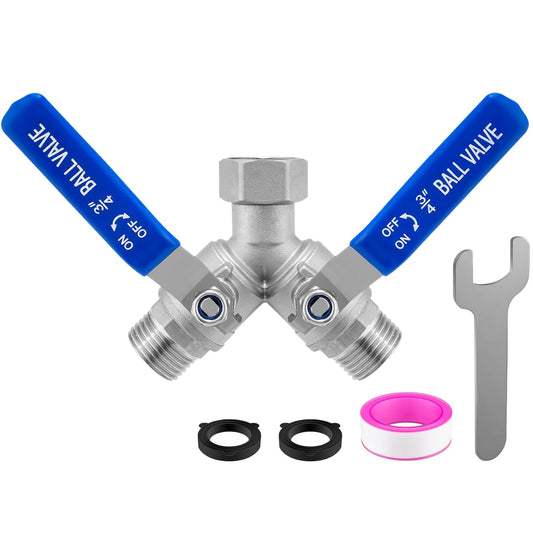 Garden Hose Splitter 2 Way, 304 Stainless Steel Heavy Duty Water Hose Splitter with Long Handle, 3/4" GHT Thread Y Valve Water Garden Hose Tap Adapter, Full Flow Water Splitter Connector