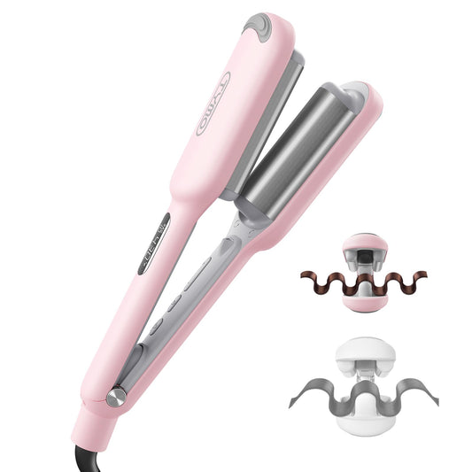 TYMO ROVY Hair Waver Curling Iron, 3-Barrel Ionic Hair Curler with 9 Heat Settings, Beach Waves Crimper for Women, Travel-Friendly, Anti-Scald, Fast Heating, Easy to Use, Pink, 1 inch - Available at All In One Marketplace Canada
