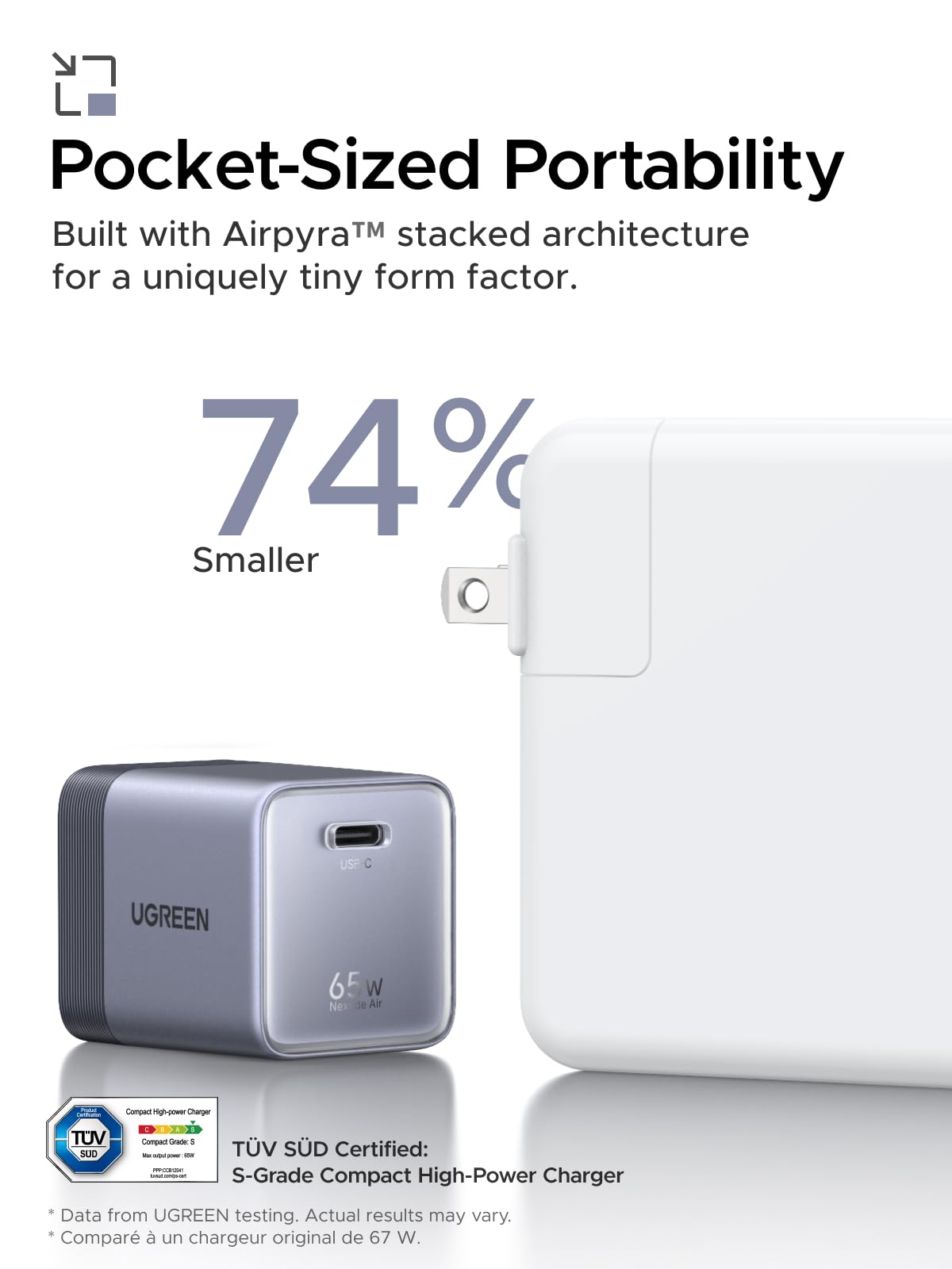 UGREEN Nexode Air 65W USB C Charger with USB C Cable, Ultra-Compact Pocket-Sized, Foldable PD Fast Charging Block, GaN Type C Wall Charger Compatible with MacBook, iPhone 17, Galaxy S26, Pixel, Grey