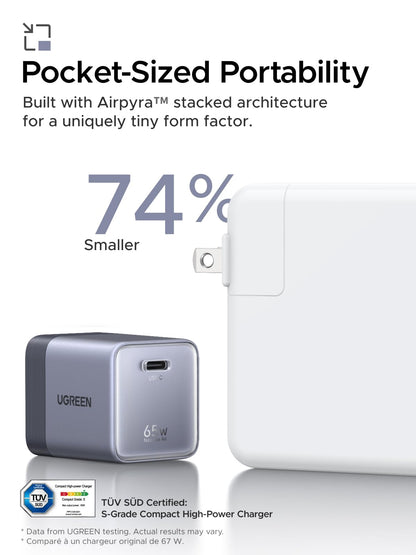 UGREEN Nexode Air 65W USB C Charger with USB C Cable, Ultra-Compact Pocket-Sized, Foldable PD Fast Charging Block, GaN Type C Wall Charger Compatible with MacBook, iPhone 17, Galaxy S26, Pixel, Grey