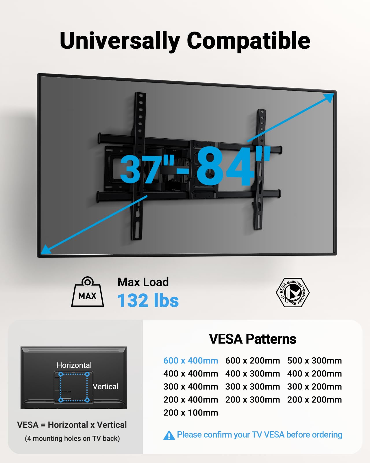 Pipishell Full Motion TV Wall Mount for 37-84" Flat Curved TVs, Wall Mount TV Bracket with Dual Articulating Arms Swivel Tilt Rotation, TV Mount up to 132lbs Max VESA 600x400 Fit 12"-16" Wood Stud