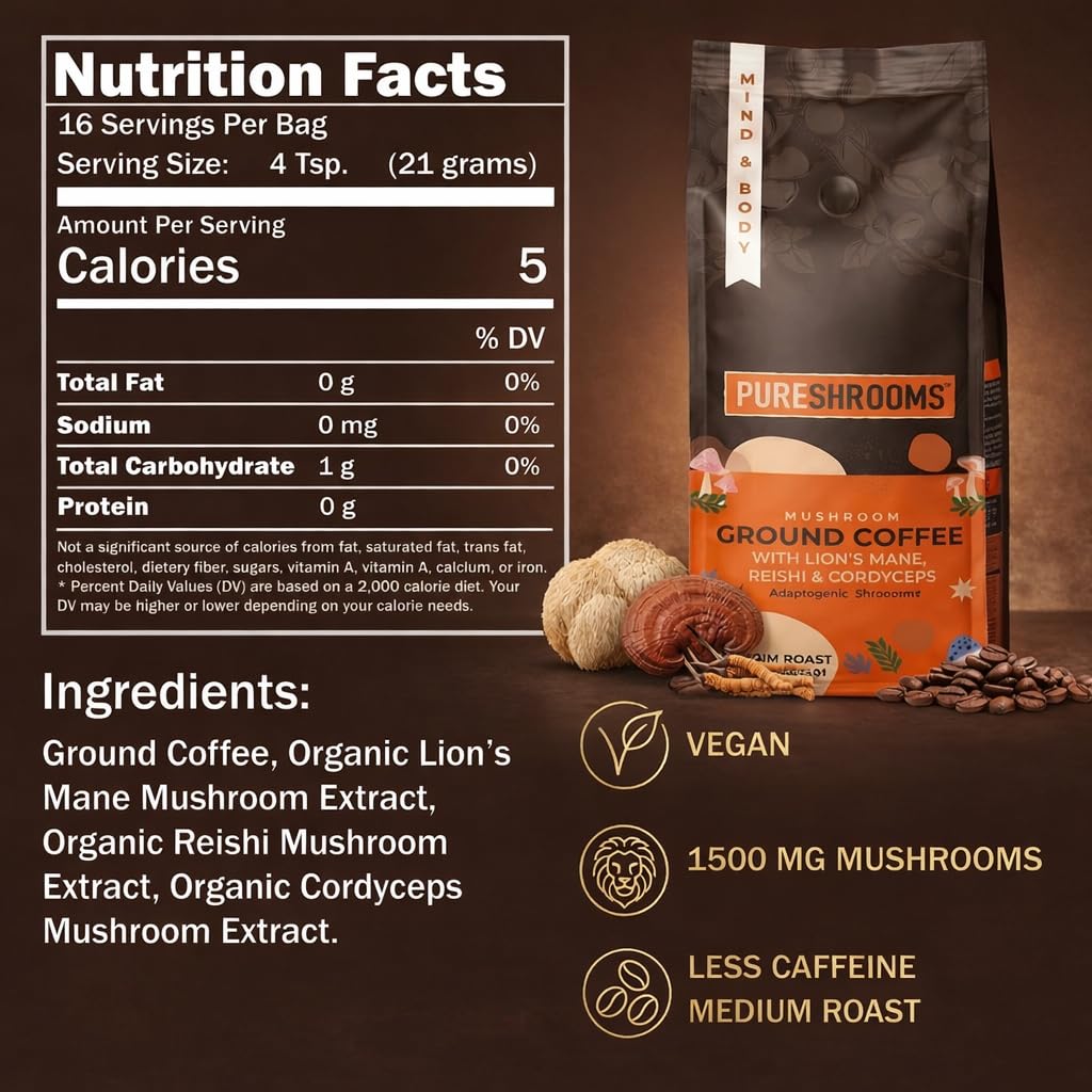 PureShrooms Mushroom Ground Coffee – Medium Roast Arabica with Lion's Mane, Reishi & Cordyceps – 340g