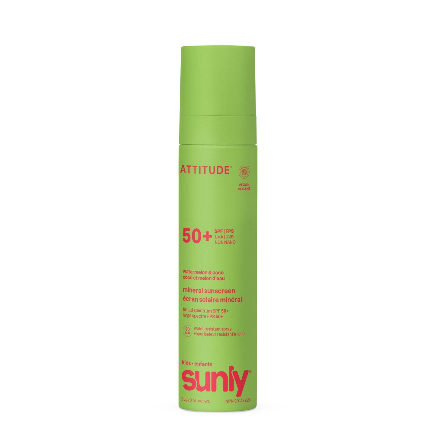 ATTITUDE Kids Mineral Sunscreen Lightweight Lotion SPF 50, Broad Spectrum Zinc Oxide, EWG Verified, Non-Nano, Water-Resistant 80 Minutes, Non-Greasy for Face & Body, Vegan, Watermelon & Coco Scent, 80 grams - Available at All In One Marketplace Canada