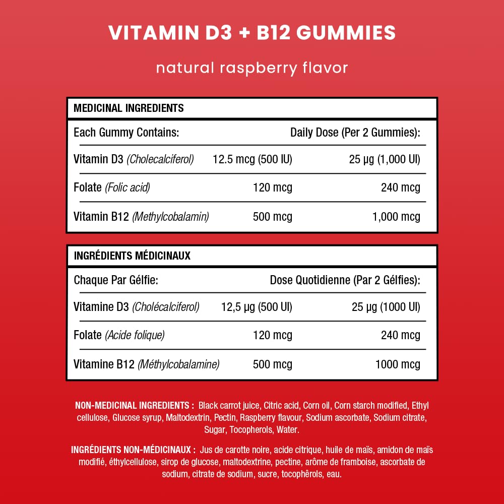 Vitamin D3 1000 IU + B12 1000mcg Per Serving | Chewable Vitamins B & D Gummies for Adults, Kids, Women & Men | Enhanced With Folate for Energy & Immunity | 120 Gummies - Available at All In One Marketplace Canada