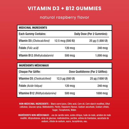 Vitamin D3 1000 IU + B12 1000mcg Per Serving | Chewable Vitamins B & D Gummies for Adults, Kids, Women & Men | Enhanced With Folate for Energy & Immunity | 120 Gummies - Available at All In One Marketplace Canada