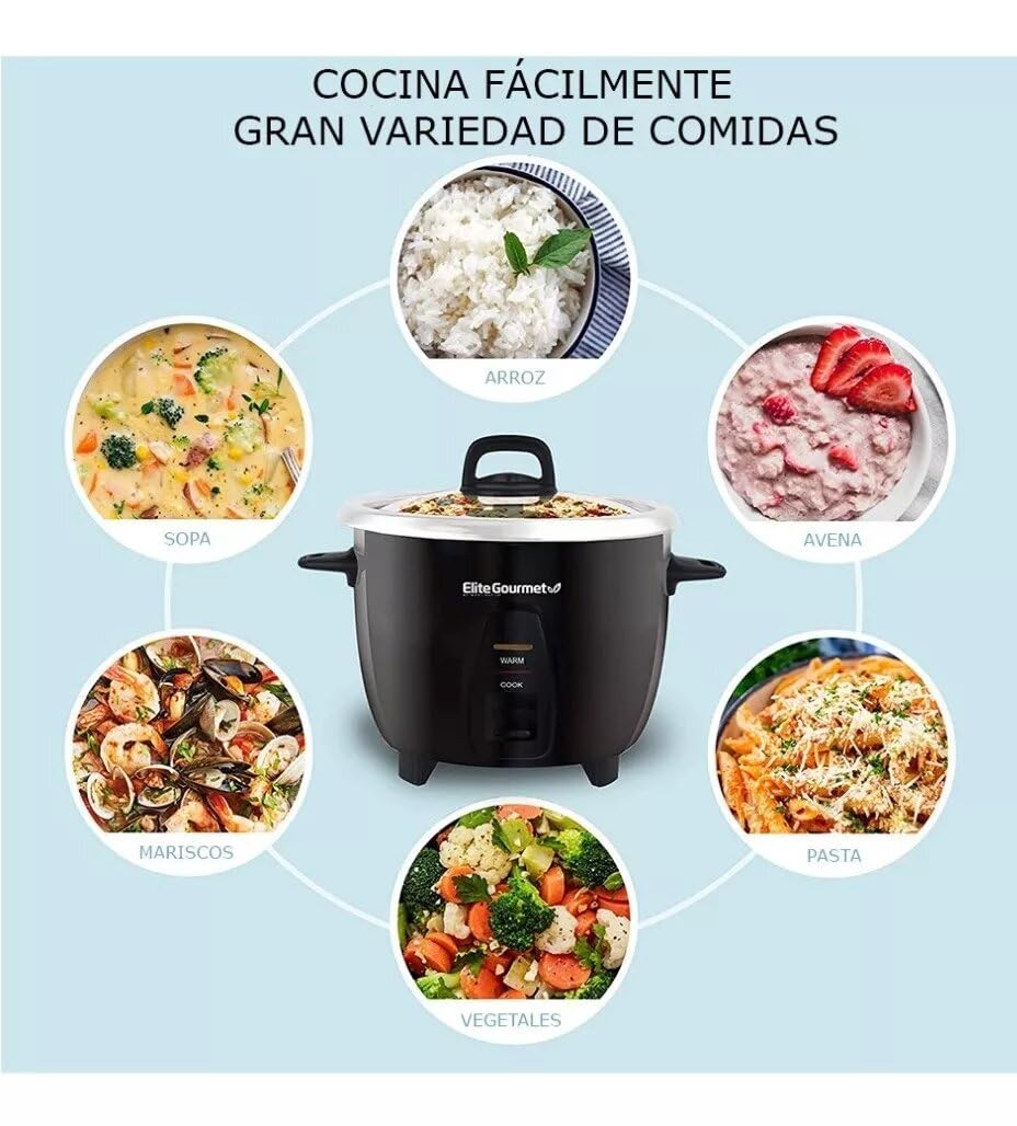 Elite Gourmet Maxi-Matic Electric Rice Cooker with Stainless Steel Inner Pot Makes Soups, Stews, Porridge's, Grains and Cereals, 10 cups cooked (5 Cups uncooked), Black, ERC-2010B Elite Gourmet