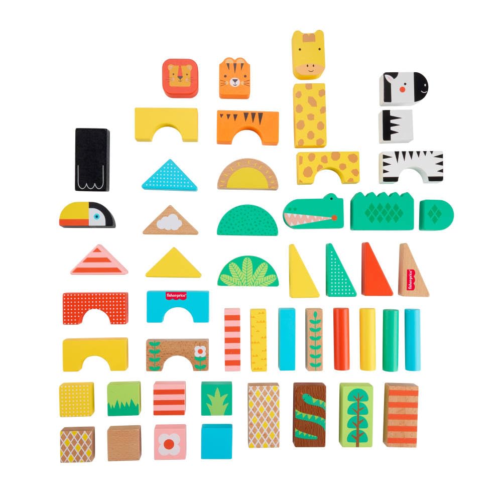 Fisher-Price Wood Toddler Toy Jungle Blocks, 50-Piece Wooden Animal Building Set for Preschool Pretend Play Kids Ages 2+ Years Fisher-Price