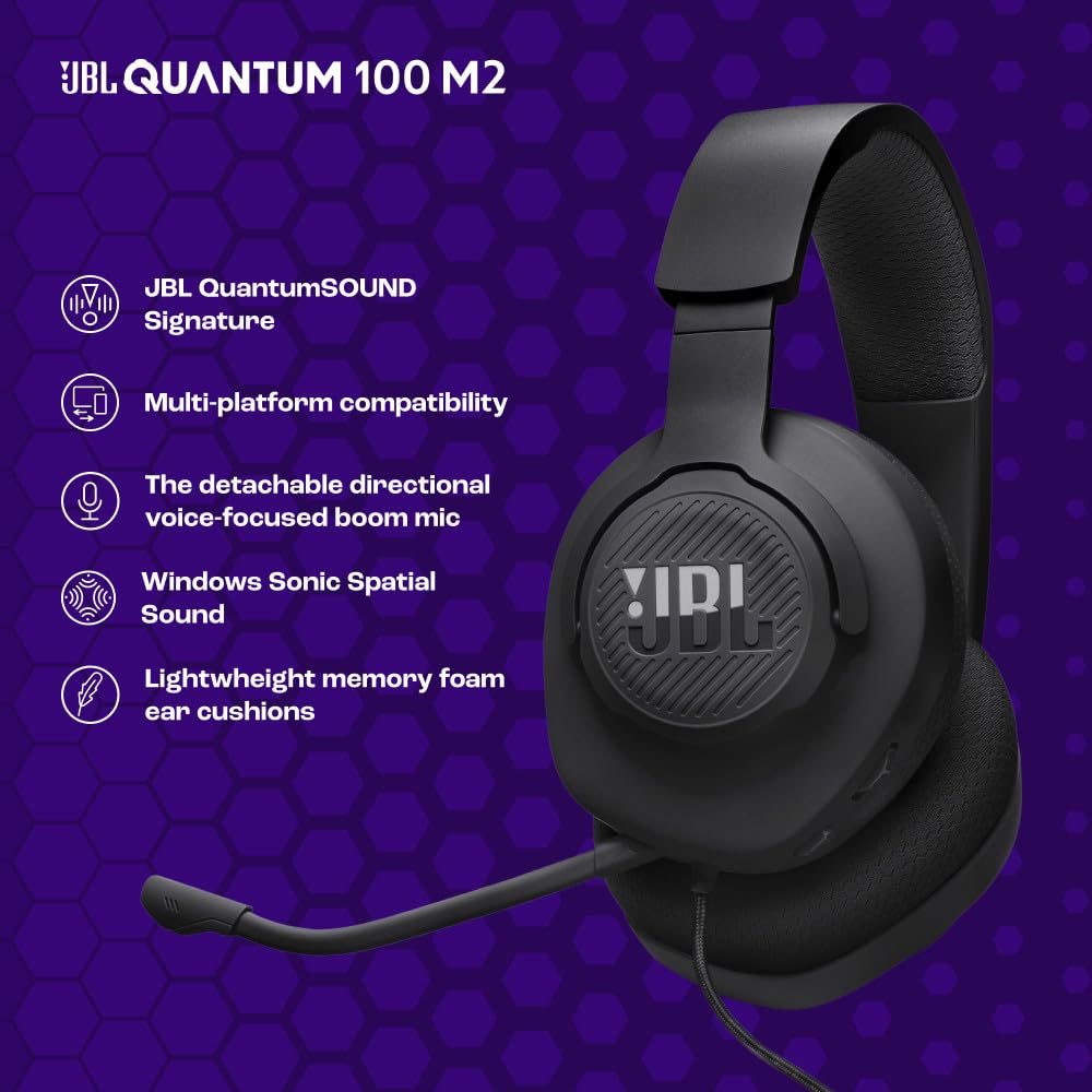 JBL Quantum 100M2 - Wired Over-Ear Gaming Headset with omnidirectional, Detachable mic with Mute Option and Fabric-Covered Memory Foam Ear Cushions, Compatible with All Platforms (Black) - Available at All In One Marketplace Canada