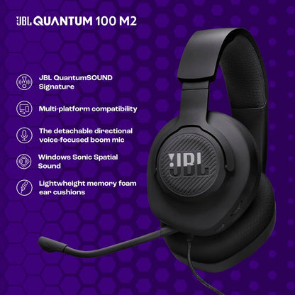 JBL Quantum 100M2 - Wired Over-Ear Gaming Headset with omnidirectional, Detachable mic with Mute Option and Fabric-Covered Memory Foam Ear Cushions, Compatible with All Platforms (Black) - Available at All In One Marketplace Canada