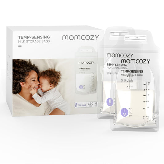 Momcozy Breastmilk Storage Bags, Temp-Sensing Discoloration Milk Storing Bags for Breastfeeding, Disposable Milk Storage Bag with 6 Ounce Self Standing, No-Leak Milk Freezer Storage Pouches, 120PCS