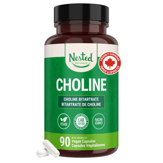 Nested Naturals Choline Bitartrate 500mg Per 2 Capsules | High Potency Choline Supplements | Supports Cognitive & Liver Function | 100% Vegan & Non-GMO Choline | 90 Vegan Capsules - Available at All In One Marketplace Canada