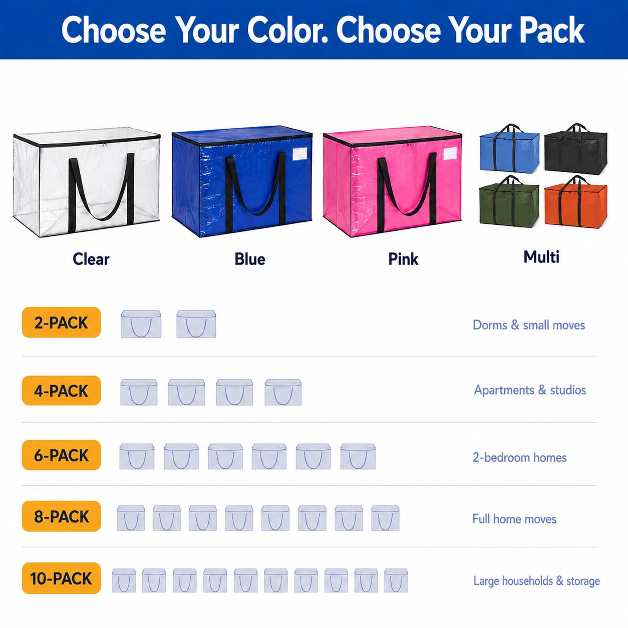 ClearSpace Heavy Duty Moving Bags or Storage Bag, 8 Pack – Large Moving Boxes with Backpack Straps, Zippers & Handles – Perfect for College Dorm, Traveling, Camping, Christmas Decorations