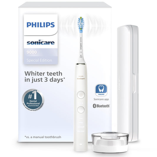 Philips Sonicare DiamondClean 9000 Electric Toothbrush - Sonic Toothbrush with App, Pressure Sensor, 12 Brushing Settings, Replacement Reminder, Charging Stand, Travel Case, White, HX9911/93