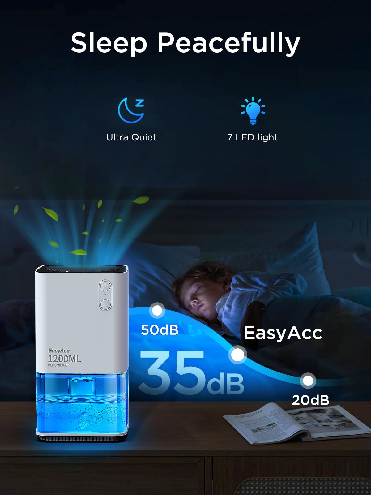 EasyAcc® Dehumidifiers, 40 oz Water Tank, (450sq ft) Quiet Dehumidifiers for RV Bedroom Bathroom Closet Auto Shut off 1200ml Small Dehumidifier with Handle, 7 Lights for Closets Trailer