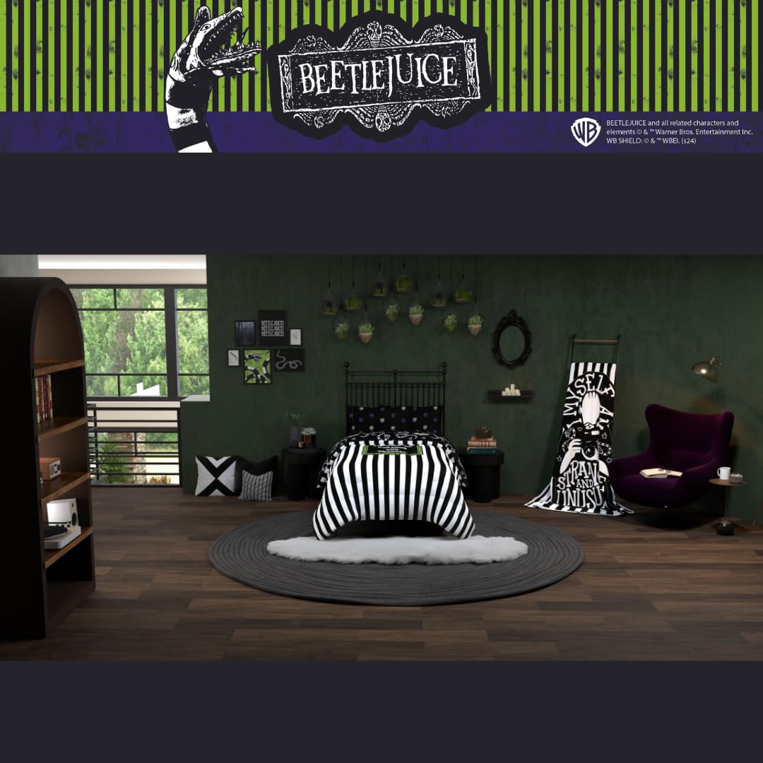 Franco Collectibles Beetlejuice Halloween Striped Bedding 4 Piece Super Soft Comforter and Sheet Set, Twin, (Officially Licensed Product)