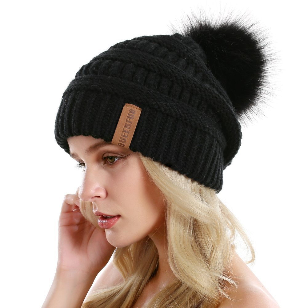 Queenfur Knit Slouchy Beanie for Women Thick Baggy Hat Faux Fur Pompom Winter Hat 🍁 All In One Marketplace Canada