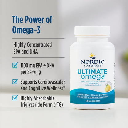 Nordic Naturals Ultimate Omega SoftGels - Omega-3 Supplement, Concentrated Fish Oil With More DHA and EPA, Supports Heart Health, Brain Development and Overall Wellness, Lemon, 60 Count