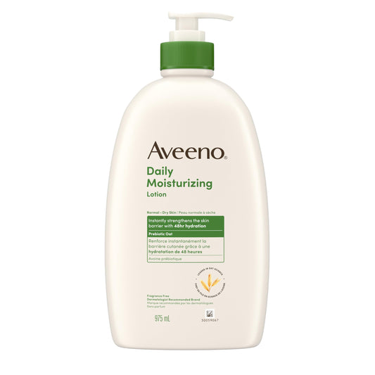 Aveeno Daily Moisturizing Body Lotion with Soothing Prebiotic Oat, Gentle Lotion Nourishes Dry Skin With Moisture, Paraben-, Dye- & Fragrance-Free, Non-Greasy & Non-Comedogenic, 975 ml