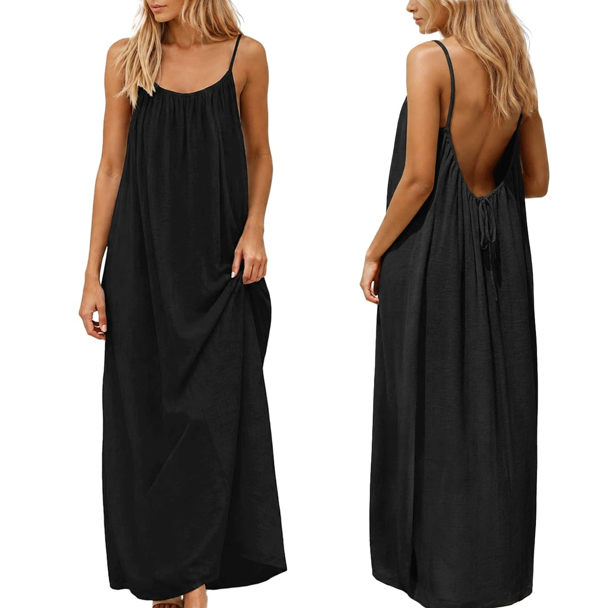 Tubeluck Backless Cami Dress for Women Summer Sleeveless Long Casual Sundress Lady Solid Color Open Back Lounge Dresses Holiday House (CA/US, Alpha, Medium, Regular, Regular, Black) 🍁 All In One Marketplace Canada