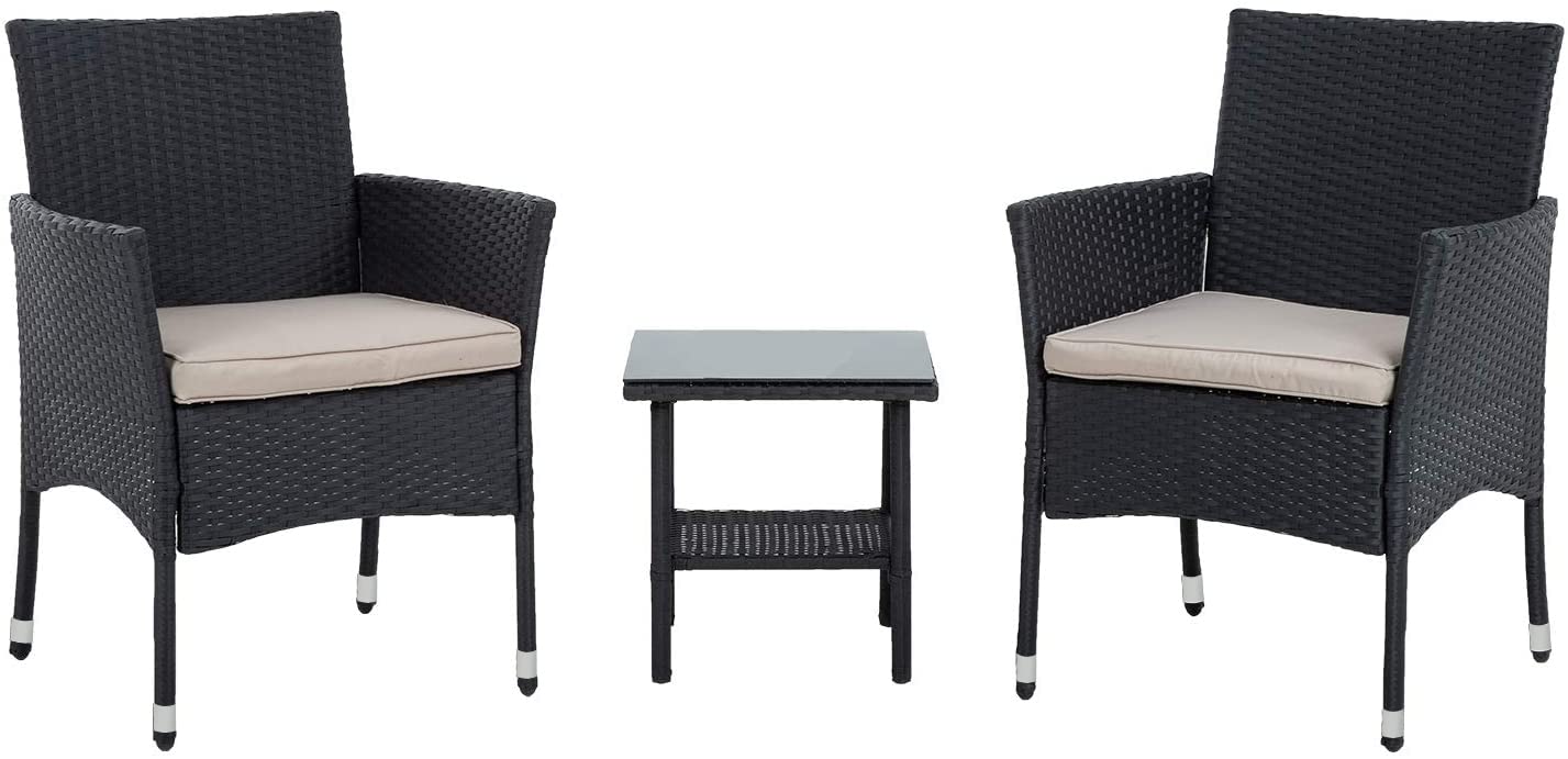 FDW Wicker Patio Furniture 3 Piece Furniture Patio Chairs Outdoor Rattan Conversation Bistro Set for Backyard Porch Poolside Lawn (Black) 🍁 All In One Marketplace Canada