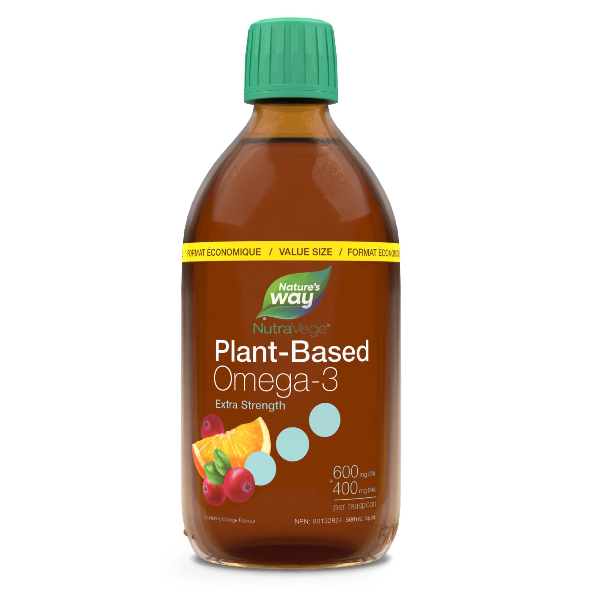 Nature's Way NutraVege Plant-based Omega-3 Supplement, Extra Strength Formula, Vegetarian, EPA + DHA from Algal Oil, Vegan, Cranberry Orange Flavour, 500 mL Liquid, Value Size Nature's Way