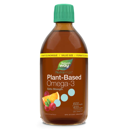 Nature's Way NutraVege Plant-based Omega-3 Supplement, Extra Strength Formula, Vegetarian, EPA + DHA from Algal Oil, Vegan, Cranberry Orange Flavour, 500 mL Liquid, Value Size Nature's Way