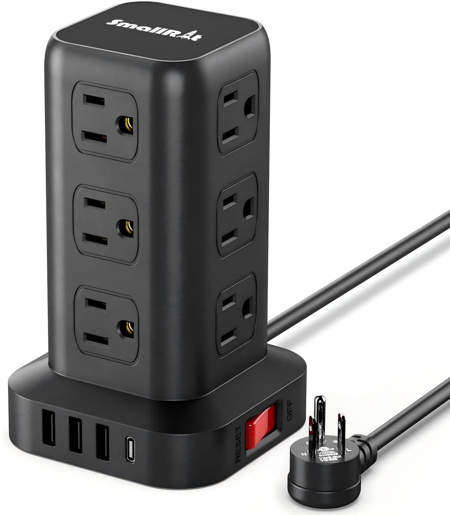 Tower Power Bar with USB, SMALLRT 6.5FT Flat Plug Extension Cord Indoor with Multiple Outlets, Desktop Power Strip with 12 Outlet Extender 4 USB for Home Office Dorm Essentials, Black