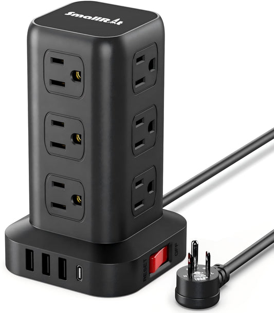 Tower Power Bar with USB, SMALLRT 6.5FT Flat Plug Extension Cord Indoor with Multiple Outlets, Desktop Power Strip with 12 Outlet Extender 4 USB for Home Office Dorm Essentials, Black
