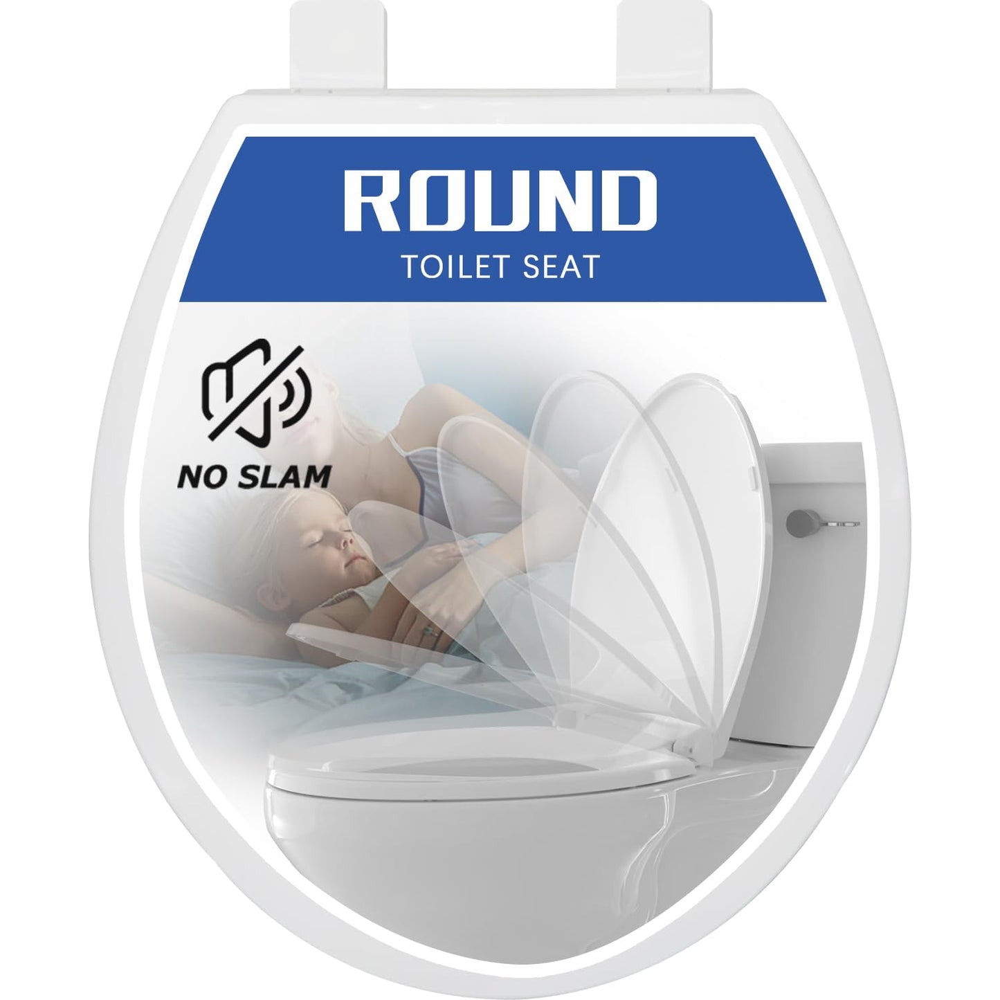 Round Toilet Seat, Slow Close, White Plastic, Never Loosen, 16.5”