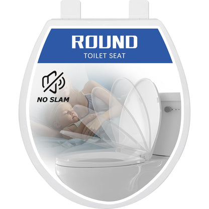 Round Toilet Seat, Slow Close, White Plastic, Never Loosen, 16.5”