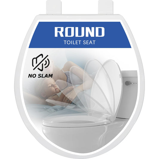 Round Toilet Seat, Slow Close, White Plastic, Never Loosen, 16.5”