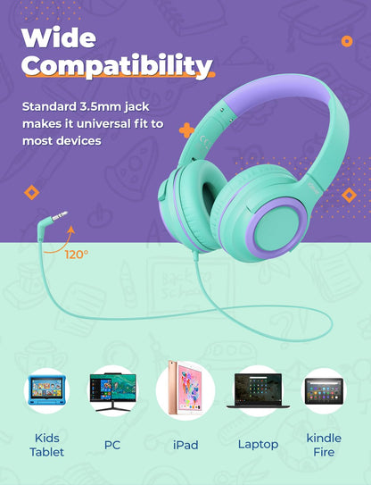 iClever 2Pack Kids Headphones with Sharing Splitter - 85dBA Safe Volume Limited - HS22 Wired Headphones for Kids Teens, Tangle-Free 3.5mm Jack Foldable Stereo Headphone for School/Tablet/Travel