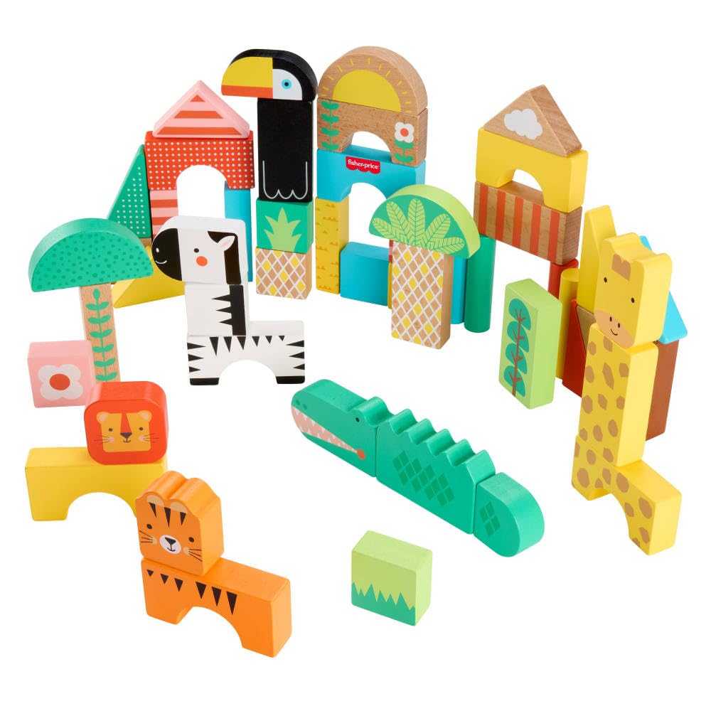 Fisher-Price Wood Toddler Toy Jungle Blocks, 50-Piece Wooden Animal Building Set for Preschool Pretend Play Kids Ages 2+ Years Fisher-Price