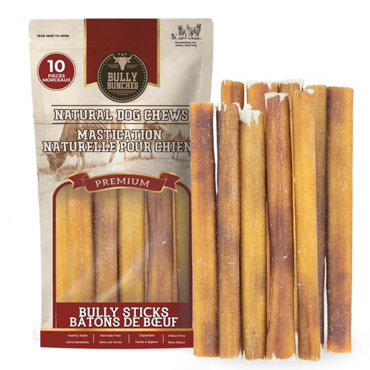 Bully Bunches Premium (6" Standard - 10 Pack) Odour-Free Bully Sticks - Small Dogs & Puppies - Consistently Sized, Long Lasting Chew Bones - All Natural & Single Ingredient, Beef Dog Treat, No Rawhide
