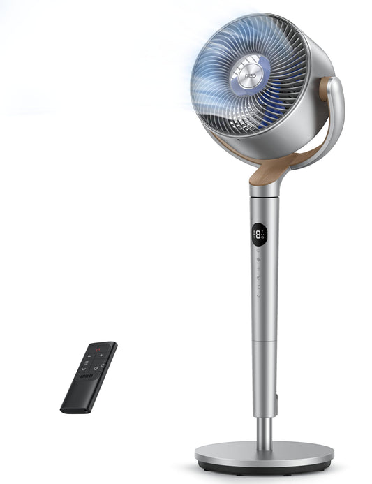 DREO Fan for Bedroom, 120°+120°Omni-directional Oscillating Fan, 90ft, DC Motor, 20 dB Quiet Standing Pedestal Fans, 8 Speeds, 3 Modes Circulator with Remote, 35-40" Adjustable Height, 8H Timer