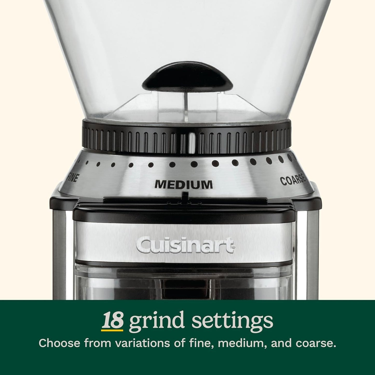 Cuisinart Electric Coffee Grinder, One-Touch Automatic Burr Coffee Grinder with 18-Position Grind Selector, Cup Size Selector for 4 – 18 Cups (DBM-8C)