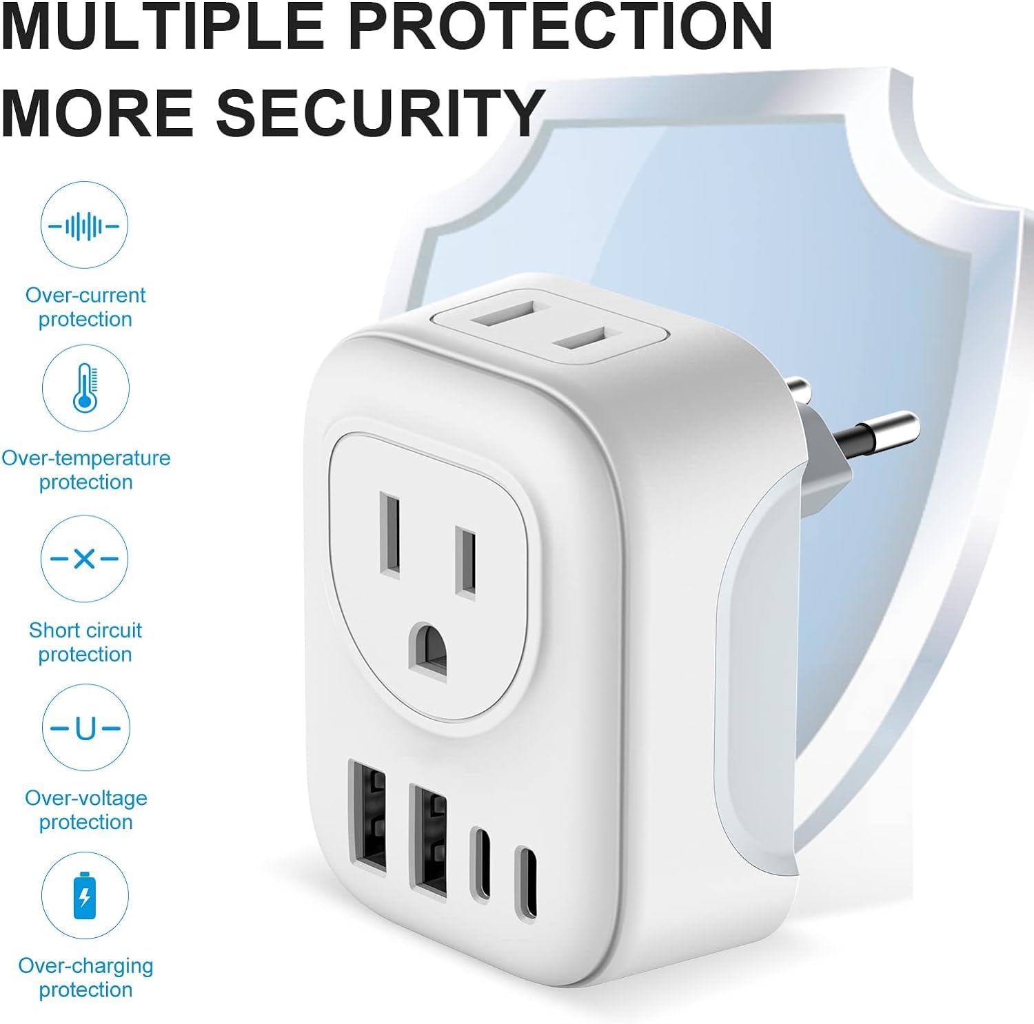 2 Pack European Travel Plug Adapter, VYLEE International Travel Adapter with 2 Outlets 4 USB Ports(2 USB C), 6 in 1 Type C Travel Essentials Charger for US to Most of Europe EU Italy Spain France - Available at All In One Marketplace Canada