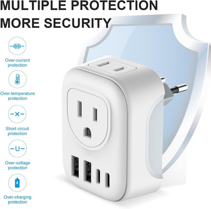 2 Pack European Travel Plug Adapter, VYLEE International Travel Adapter with 2 Outlets 4 USB Ports(2 USB C), 6 in 1 Type C Travel Essentials Charger for US to Most of Europe EU Italy Spain France - Available at All In One Marketplace Canada