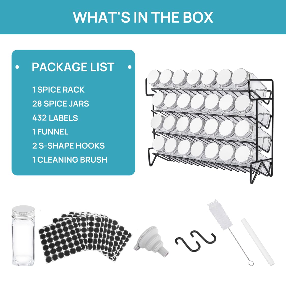 Vtopmart Spice Rack Organizer for Cabinet, 4 Tier Spice Organizer with 28 Empty Spice Jars and 432 Blank Labels, Seasoning Organization for Countertop, Cabinet, Kitchen, Pantry, Cupboard - Available at All In One Marketplace Canada