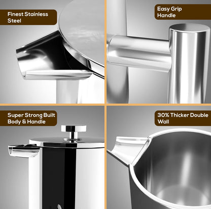 KICHLY 34 OZ French Press, Stainless Steel Double Walled Insulated Coffee Press with Refined Filters, Espresso and Tea Maker - Silver - Available at All In One Marketplace Canada