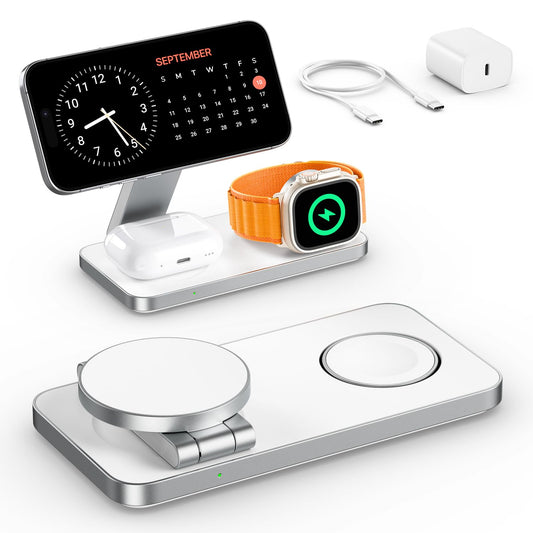 EXW Foldable 3 in 1 Wireless Charging Station for iPhone and Apple Watch,Compatible with Magsafe Charger Stand,Travel Bedside Fast Wireless Charger for iPhone 17e 17 Air 16 15 14 13 12 Series, Airpods