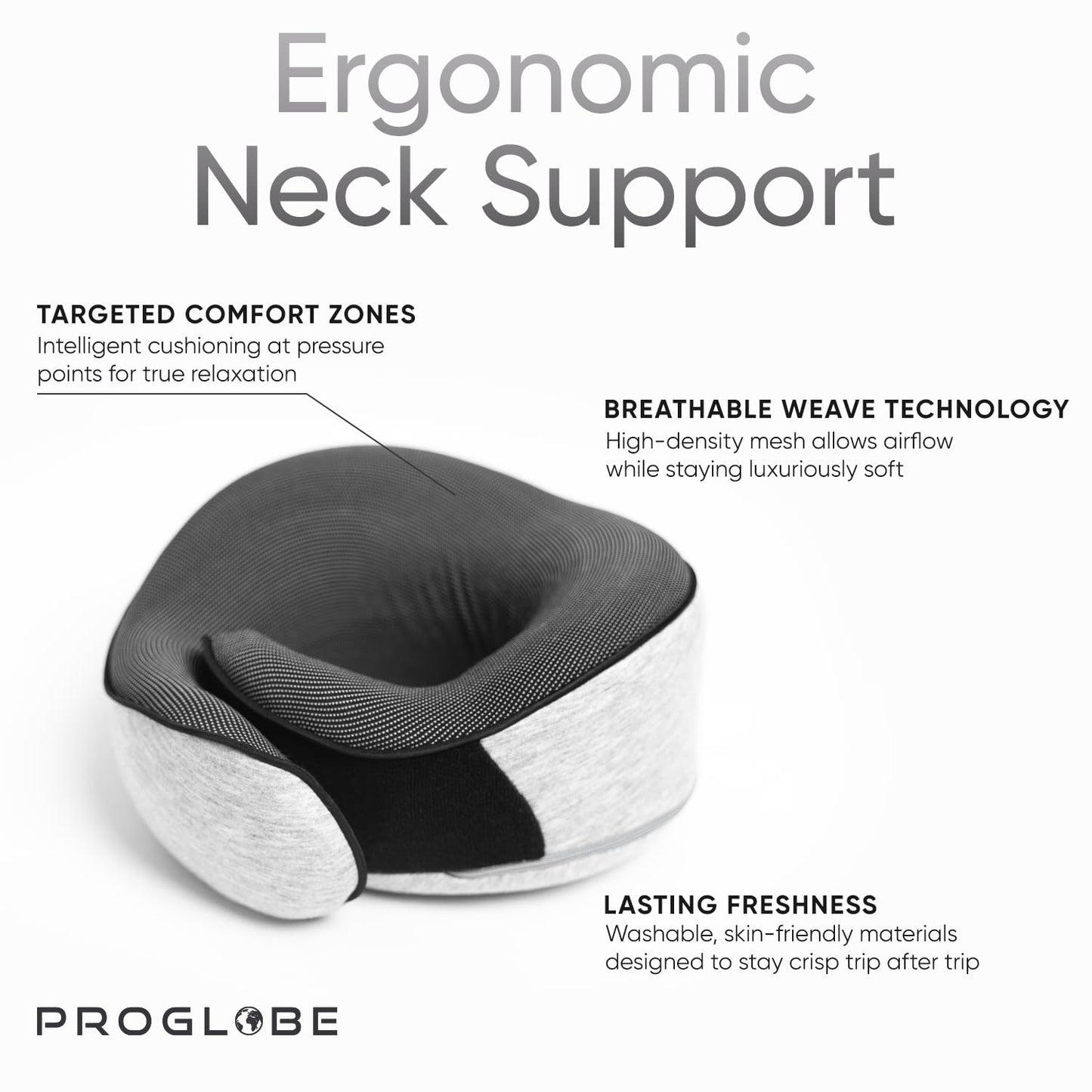 Proglobe Orthopedic Neck Pillow Travel Neck Pillows for Airplanes, Memory Foam Kit, Updated Resting Material, Airplane Travel Set with 3D Contoured Eye Masks, Earplugs, and Luxury Mesh Bag (Grey)