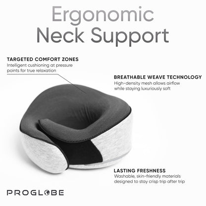 Proglobe Orthopedic Neck Pillow Travel Neck Pillows for Airplanes, Memory Foam Kit, Updated Resting Material, Airplane Travel Set with 3D Contoured Eye Masks, Earplugs, and Luxury Mesh Bag (Grey)