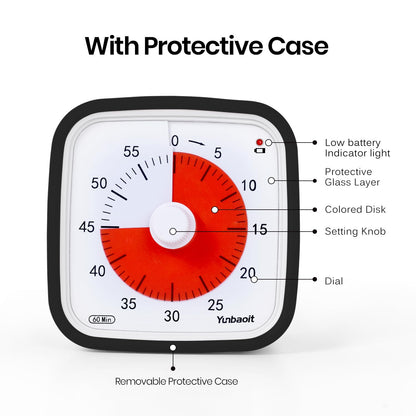 Visual Timer with Protective Case, Yunbaoit Upgraded 60-Minute Countdown Timer for Kids and Adults with Low Battery Remind, Silent Time Management Tool, No Ticking Optional Alert(Black) - Available at All In One Marketplace Canada