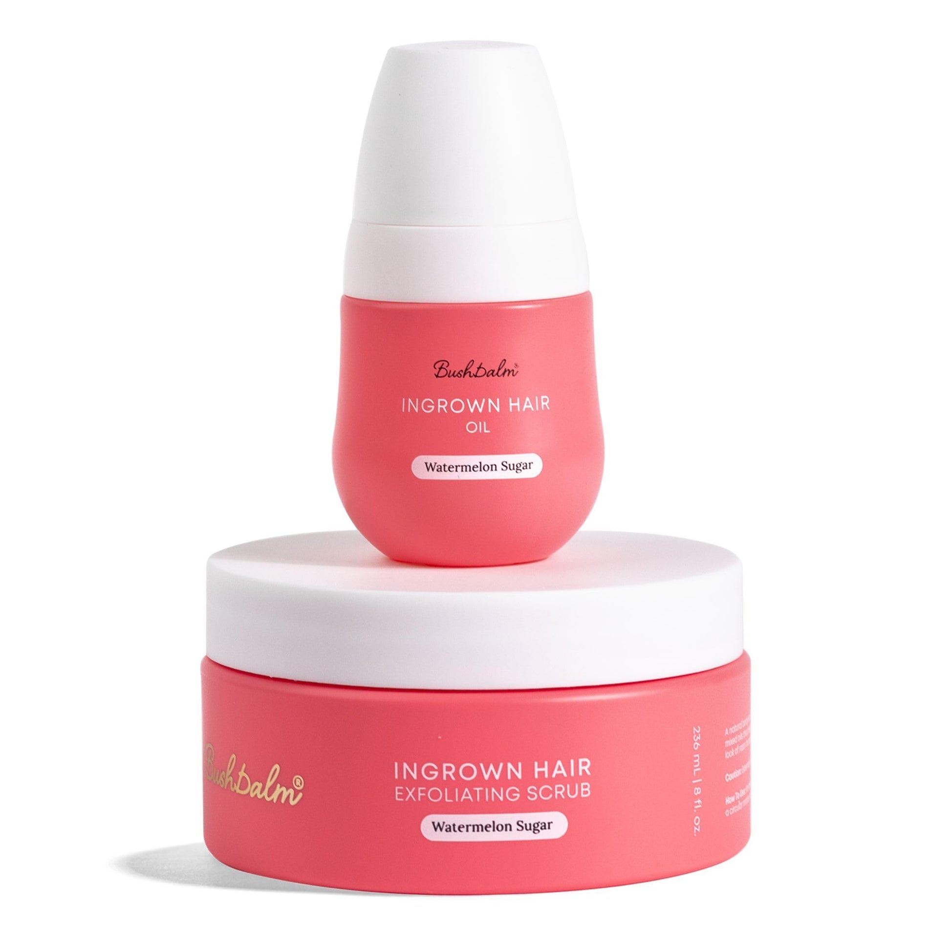 Bushbalm Ingrown Hair 2 Step Routine - Moisturize and Soothe - Ingrown Hair Oil (30 ml), Exfoliating Scrub (236 ml) - Watermelon Sugar - Valued at $49 - Available at All In One Marketplace Canada