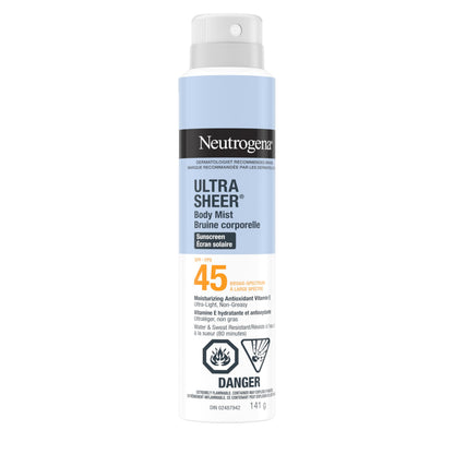 Neutrogena Ultra Sheer Body Mist Sunscreen Spray SPF 45 for UVA/UVB Broad Spectrum Sun Protection, Lightweight, Water-Resistant, Oil-Free & Non-Comedogenic, Oxybenzone-free, 141g