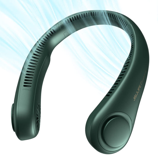 JISULIFE Portable Neck Fan, Hands Free Bladeless Hanging Sport Fan, 4000 mAh Battery Operated Wearable Personal Fan, Leafless, Rechargeable, Headphone Design, USB Powered,5 Speeds-Dark Green